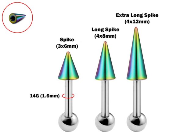 Cartilage Piercing, Spike Helix Earring with Colorful Top Spike, Long Spike & Extra Long Spike Barbell Earring - Titanium 14G (1.6mm)