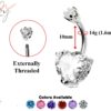 Designer Belly Button Rings- Silver - Heart Design Belly Bars with CZ Crystals - Navel Ring - 14g (1.6mm) Length is 10mm