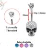 Designer Belly Bars - Silver - Skull Head Design Belly Ring with CZ Crystals - Belly Button Ring - 14g (1.6mm) Length is 10mm