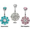 Designer Belly Bars - Silver Flower Navel Ring, Belly Bar, Belly Piercing with CZ Crystals - Navel Ring - 14g (1.6mm) Length is 10mm