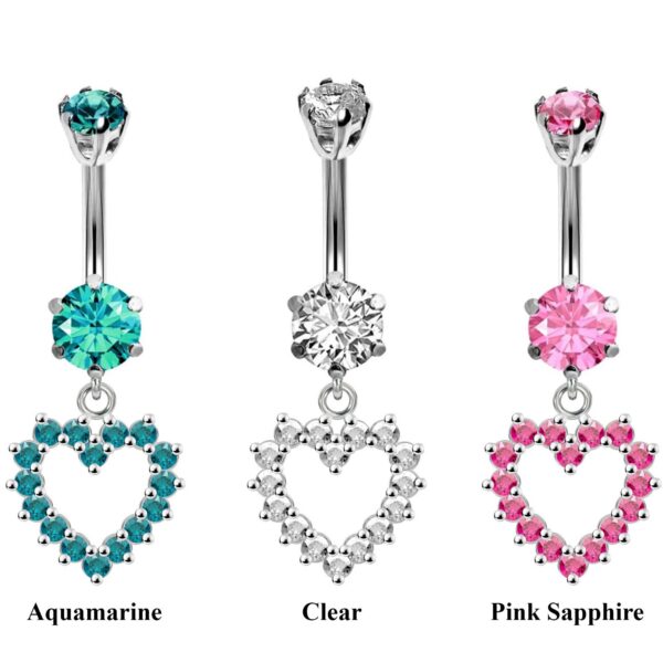 Dangle Heart Design Belly Bars with CZ Crystals Designer Belly Button Rings - Silver - Navel Ring - 14g (1.6mm) Length is 10mm