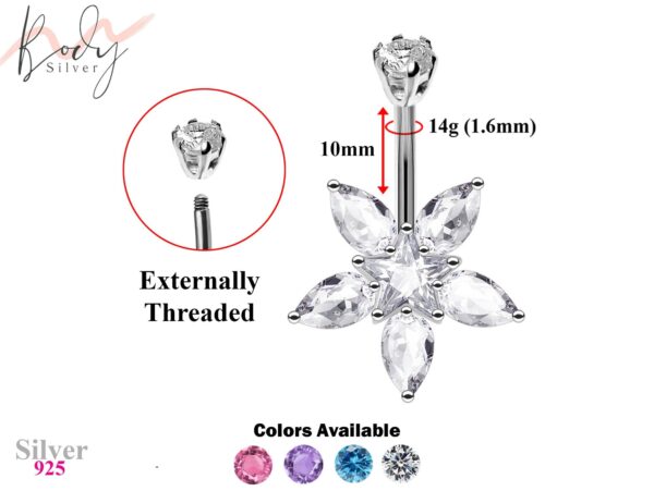 Designer Belly Bars - Silver - Jasmine Flower Center Star Belly Rings with CZ Crystals - Navel Ring - 14g (1.6mm) Length is 10mm