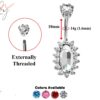 Designer Belly Ring - Silver - Oval Shape Flower Belly Bars with CZ Crystals - Navel Ring - 14g (1.6mm) Length is 10mm