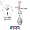 Designer Belly Rings - Silver - Water Drop Dangle Design Belly Bars surrounded with CZ Crystals - Navel Ring - 14g (1.6mm) Length is 10mm