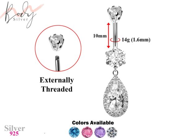 Designer Belly Rings - Silver - Water Drop Dangle Design Belly Bars surrounded with CZ Crystals - Navel Ring - 14g (1.6mm) Length is 10mm