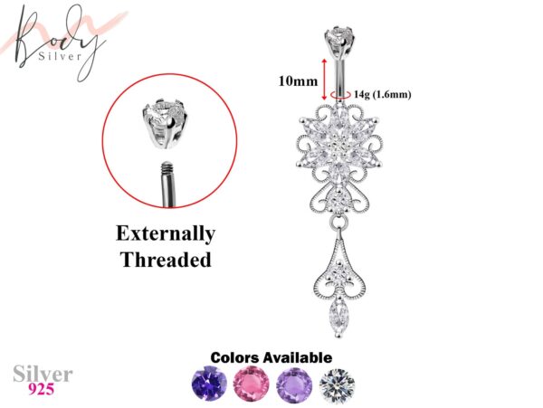 Designer Belly Bars - Silver - Elegant Flower Dangle Design Belly Ring with CZ Crystals - Navel Ring - 14g (1.6mm) Length is 10mm