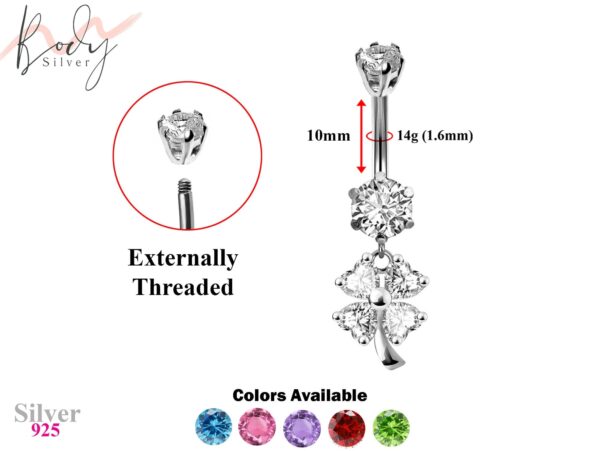 Designer Belly Button Ring - Silver - Dangle Clover Leaf Design Belly Bars with CZ Crystals - Navel Ring - 14g (1.6mm) Length is 10mm