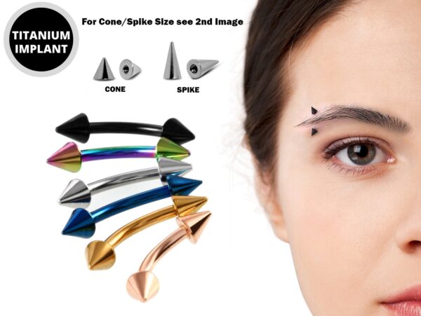 Spike Eyebrow Jewelry Piercing Barbell Coloured Curved Bar - Titanium Cone/Spike 20G 18G 16G 14G - Also for Rook, Lip Piercing, Anti-Eyebrow