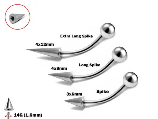 Spike Rook Piercing Jewelry Curved Bar Spike, Long Spike and Extra Long Spike Titanium 14G (1.6mm) Also for Eyebrow and Lip Piercing