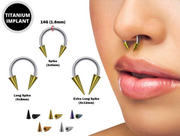 Spike Horseshoe Circular Barbell Ring Piercing 14G (1.6mm) Titanium Bull Piercing with Colorful Spikes - Also for Nipple, PA Ring and Lips