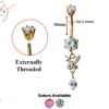 Gold Plated Drop Dangle Butterfly Belly Rings with CZ Crystals - Designer Belly Button Ring - Navel Ring - 14g (1.6mm) Length is 10mm