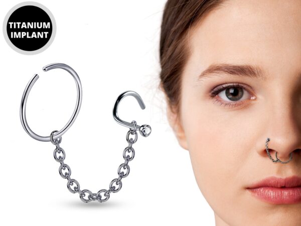 Nose Chain Jewelry - Nose Screw Stud with Crystal and Segment Ring Hinged with Chain Sets - Nose Combination Piercing 18G to 20G