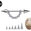 Cone / Spike Nose Bridge Barbell Upper Nose Piercing with Steel Chain - 20G 18G 16G 14G Straight Barbell - Choose Spike and Cone Size