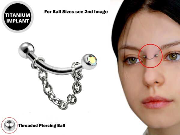 High Nostril Bridge Piercing with Gem Ball Crystal and Steel Chain - Titanium 18g 16g 14g Curved Bar Piercing also for Eyebrow, Lip Barbell