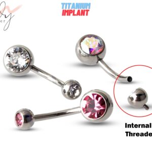 Internally Threaded Belly Ring, Navel Jewelry with Double Gem Crystal - Titanium Implant - 14g Belly Bar size 8mm to 12mm