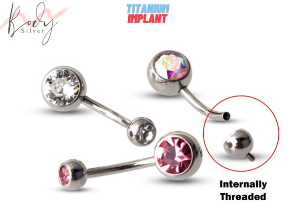 Internally Threaded Belly Ring, Navel Jewelry with Double Gem Crystal - Titanium Implant - 14g Belly Bar size 8mm to 12mm