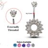 Silver Belly Button Rings, Navel Piercing - Floral Belly Bar with Center Hole and CZ Crystals - Navel Jewelry - 14g (1.6mm)