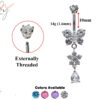 Silver Belly Button Piercing, Belly Bars - Butterfly and tear drop dangle Belly Ring with CZ Crystals Navel Ring 14g (1.6mm) Length is 10mm