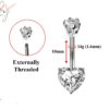 Designer Belly Bars - Silver - Solitaire Cute Heart Belly Ring made of CZ Crystals - Navel Ring - 14g (1.6mm) Length is 10mm