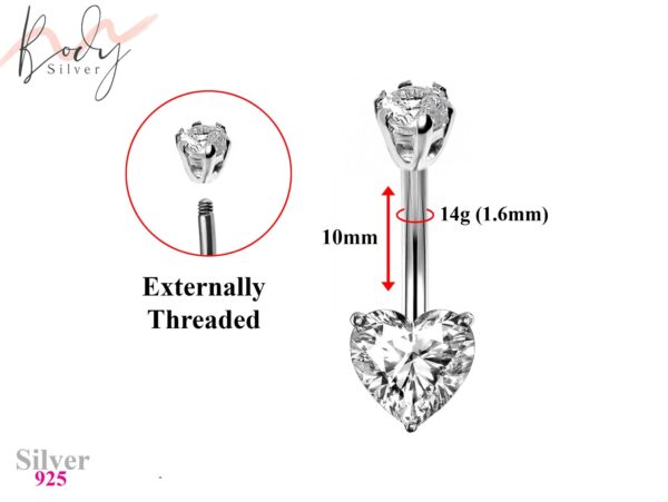 Designer Belly Bars - Silver - Solitaire Cute Heart Belly Ring made of CZ Crystals - Navel Ring - 14g (1.6mm) Length is 10mm