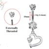 Belly Button Piercing Ring - Silver - Cute Heart Dangle Design Belly Ring with CZ Crystals - Belly Bar - 14g (1.6mm) Length is 10mm