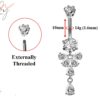 Designer Belly Bars - Silver - Butterfly drop Design Belly Rings with CZ Crystals - Belly Button Ring - 14g (1.6mm) Length is 10mm