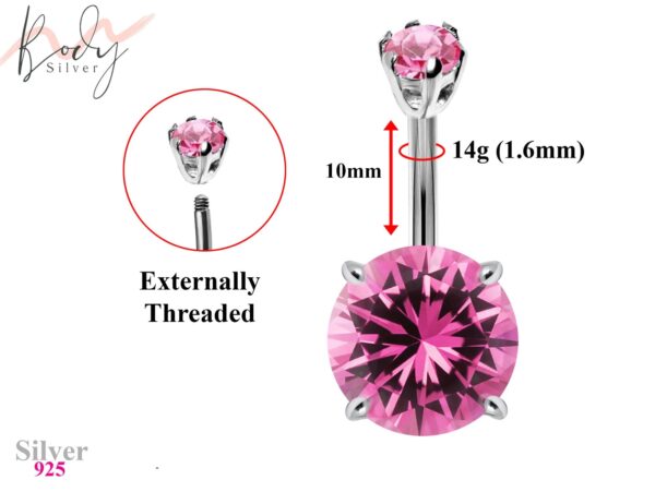 Designer Belly Button Rings - Silver - Big Round Center CZ Crystals Belly Rings - Belly Bar - 14g (1.6mm) Length is 10mm