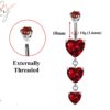 Designer Belly Bars - Silver - Triple drop dangle Heart Design Belly Ring with CZ Crystals - Belly Button Ring - 14g (1.6mm) Length is 10mm