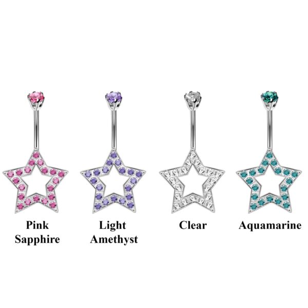 Designer Belly Rings- Silver - Super Star Design Belly Bars with CZ Crystals - Navel Ring - 14g (1.6mm) Length is 10mm