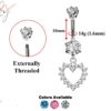 Dangle Heart Design Belly Bars with CZ Crystals Designer Belly Button Rings - Silver - Navel Ring - 14g (1.6mm) Length is 10mm