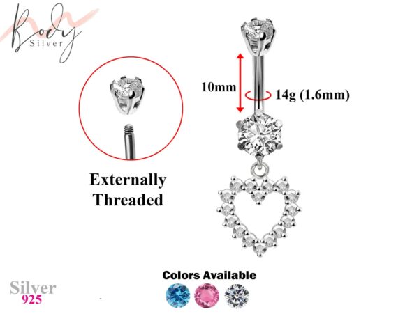 Dangle Heart Design Belly Bars with CZ Crystals Designer Belly Button Rings - Silver - Navel Ring - 14g (1.6mm) Length is 10mm