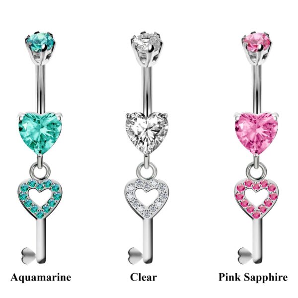 Heart Key Design Belly Bars studded with CZ Crystals Designer Belly Button Rings - Silver - Belly Button - 14g (1.6mm)