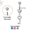 Heart Key Design Belly Bars studded with CZ Crystals Designer Belly Button Rings - Silver - Belly Button - 14g (1.6mm)