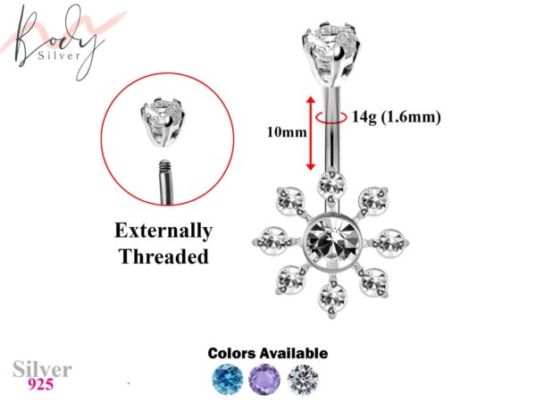 Designer Belly Button Rings- Silver - Nautical Wheel Design Belly Bars with CZ Crystals - Navel Ring - 14g (1.6mm) Length is 10mm