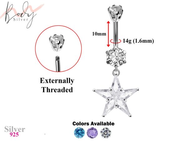 Designer Belly Button Rings- Silver - Star Dangle Design Belly Bars with CZ Crystals - Navel Ring - 14g (1.6mm) Length is 10mm