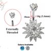 Designer Belly Ring - Silver - Sun Flower Belly Bars made of CZ Crystals - Navel Ring - 14g (1.6mm) Length is 10mm