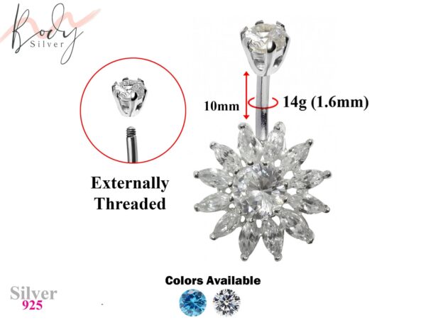 Designer Belly Ring - Silver - Sun Flower Belly Bars made of CZ Crystals - Navel Ring - 14g (1.6mm) Length is 10mm