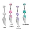 Designer Belly Bars - Silver - Angel Wing Design Belly Ring with CZ Crystals - Navel Ring - 14g (1.6mm) Length is 10mm