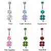 Designer Belly Button Ring - Silver - Dangle Clover Leaf Design Belly Bars with CZ Crystals - Navel Ring - 14g (1.6mm) Length is 10mm