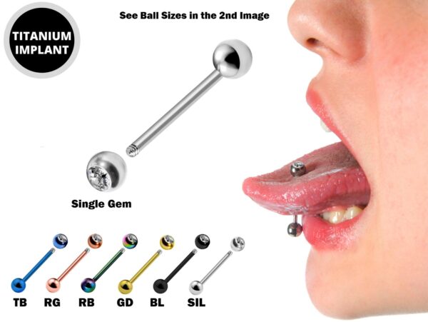 Tongue Barbell with Single Gem CZ Crystal Stud Piercing - Titanium 20g 18g 16g 14g Externally Threaded - Body Piercing Also for Nipple Bar