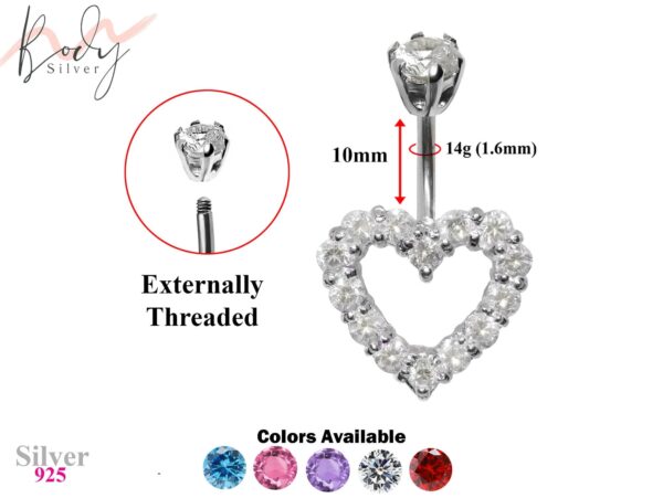 Heart Shape Silver Belly Button Ring - Jewelry Crafted Top Ball We use Quality Austrian cut Crystals - Navel Jewelry - 14g (1.6mm)