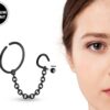 Black Nose Chain Jewelry - Nose Screw Stud with Crystal and Segment Ring Hinged with Chain Sets - Nose Combination Piercing 18G to 20G