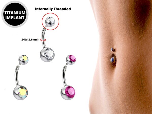 Titanium Internally Threaded Belly Bar, Belly Ring - 14g Double Jeweled Belly Crystal Body Jewellery Navel Piercing