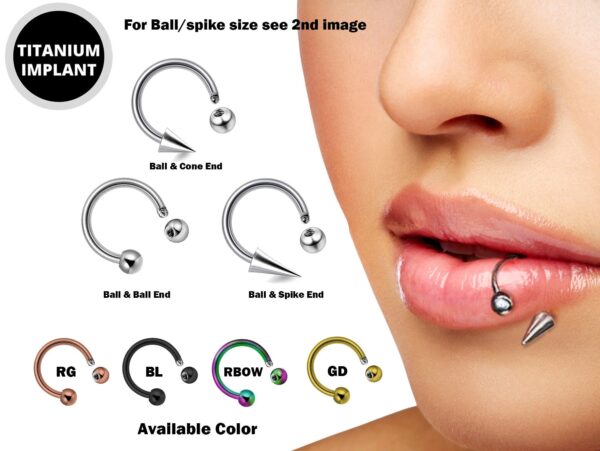 Ball/Cone/Spike Horseshoe Lip Hugger, Lip Ring - 18g 16g 14g Lip Hugger Piercing, Canine Bites, Shark Bites, Spider Bites Lip Jewelry