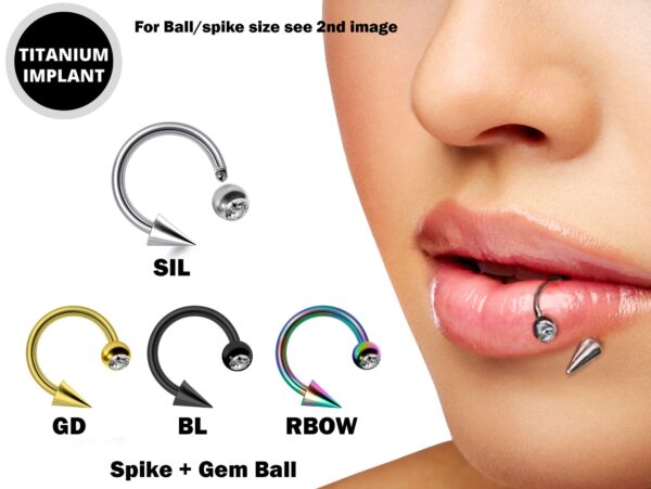 Horseshoe Lip Ring with Clear Gem Ball and Spike - Titanium 18g 16g 14g Lip Hugger Piercing, Canine Bites, Shark Bites, Lip Jewelry