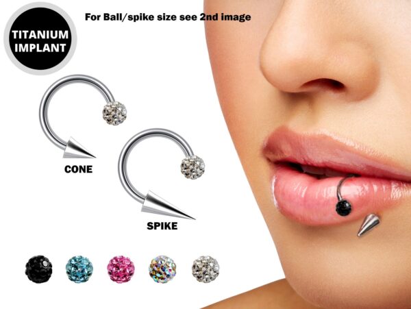 Circular Barbell Lip Ring with Disco Ball Spike and Cone - Titanium 18g 16g 14g Lip Hugger Piercing, Canine Bites, Shark Bites, Lip Jewelry