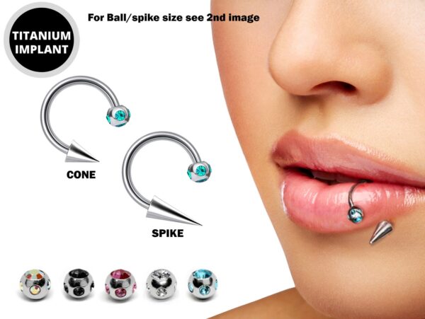 Horse Barbell Lip Ring with Multi Crystal Ball and Spike - Titanium 18g 16g 14g Lip Hugger Piercing, Canine Bites, Shark Bites, Lip Jewelry