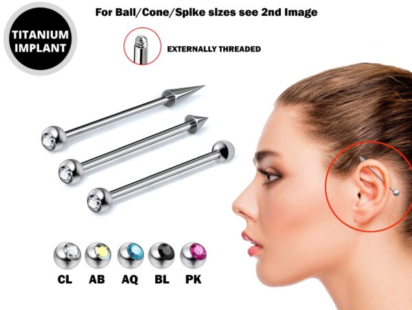 Ball/Cone/Spike Upper Ear Industrial Barbell with Gem Ball CZ Crystals - Titanium Implant 16g 14g Ear Piercing Straight Barbell