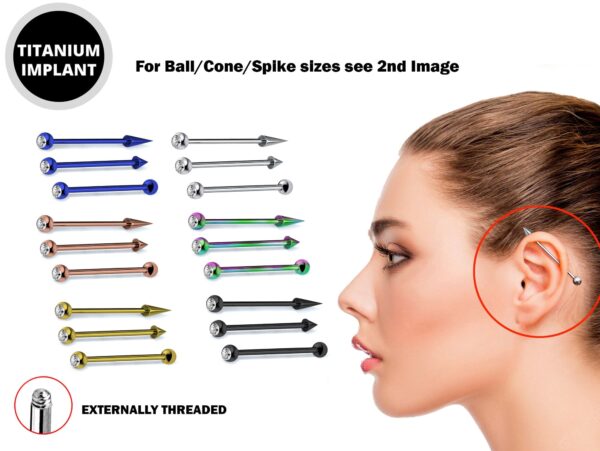 Ball/Cone/Spike Coloured Barbell Piercing with Clear Gem Ball CZ Crystals - Titanium Implant 16g 14g Ear Piercing Straight Barbell