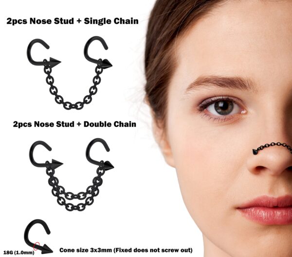 Spike Nasallang Nose Screw Piercing, 2pcs Nostril Studs with Chain Piercing - 18G Nose Piercing with Fixed Cone/Spike Black Nostril Jewelry